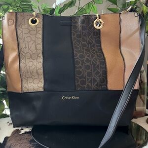 Calvin Klein Black and Brown Tote with Monogram Pattern
